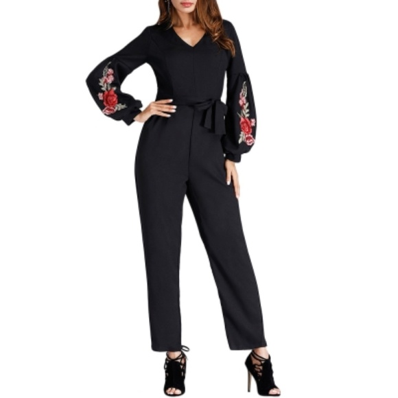 Black Embroidered Puff Sleeve Jumpsuit - Picture 2 of 5